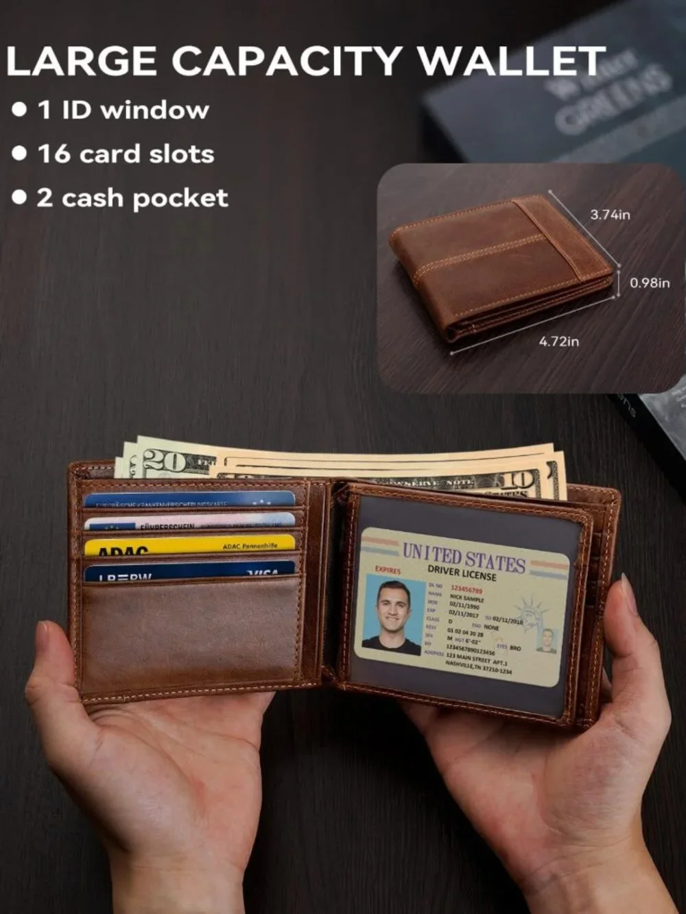 RFID Blocking Leather Bifold Wallet for Men, 1 ID Window, 16 Card Slots, Brown
